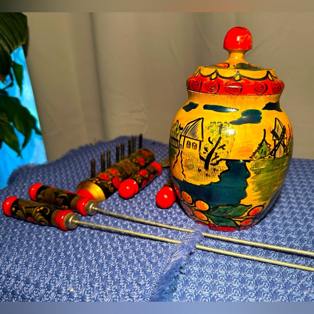 Vintage Russian Khokhloma Wood Hand Painted Lacquered Jar And Tools